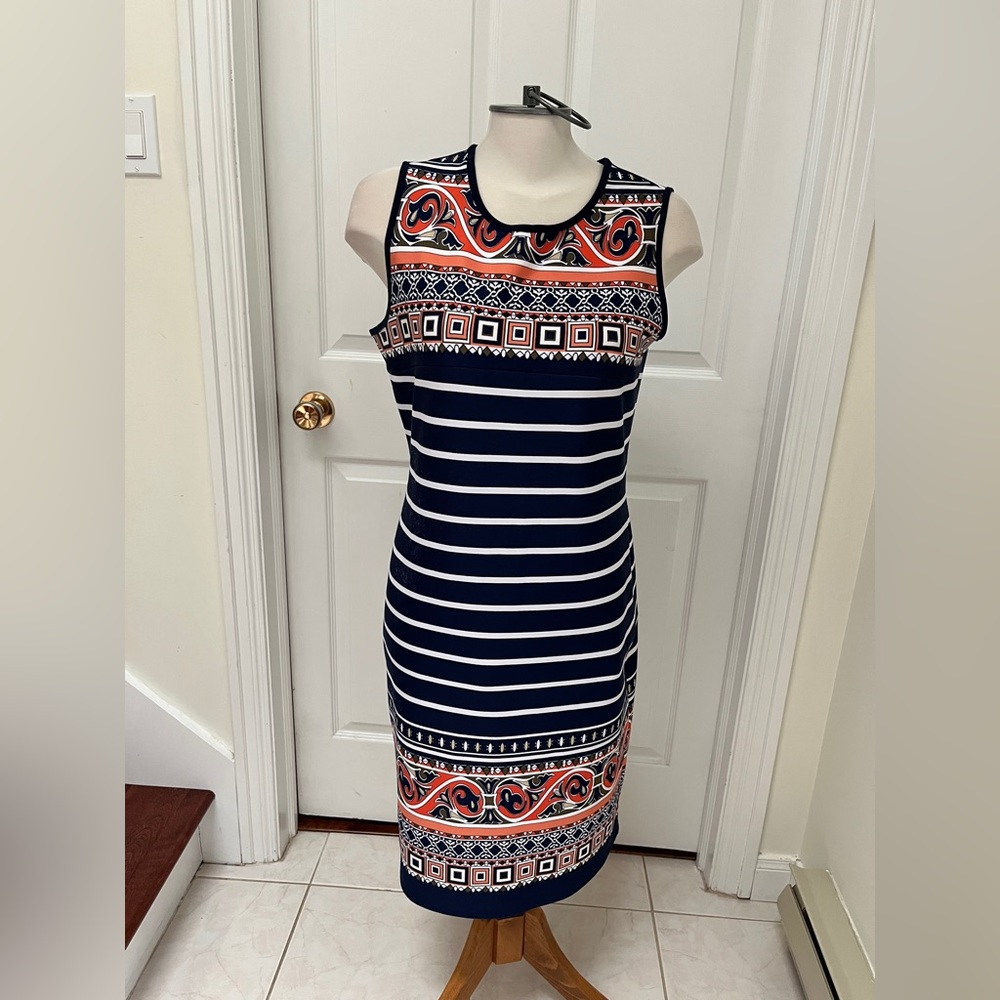 Tiana B. Navy and White Striped Midi Dress with orange Accents